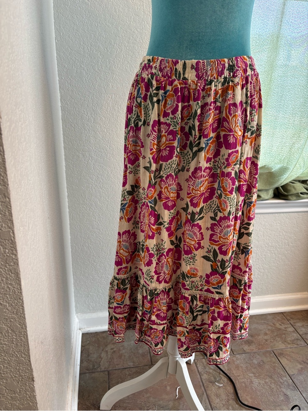 Nicole Miller Boho Floral Tiered Midi Skirt Large Cottagecore Festival Indie - Picture 2 of 8